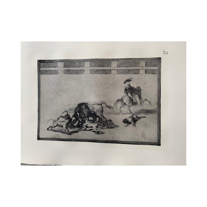 Print No. 25 of Goya's Bullfighting. They throw dogs at the bull.