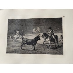 Engraving No. 27 of Goya's Bullfighting. The famous Fernando del Toro, a barbel-bearer, forcing the beast with his pole.