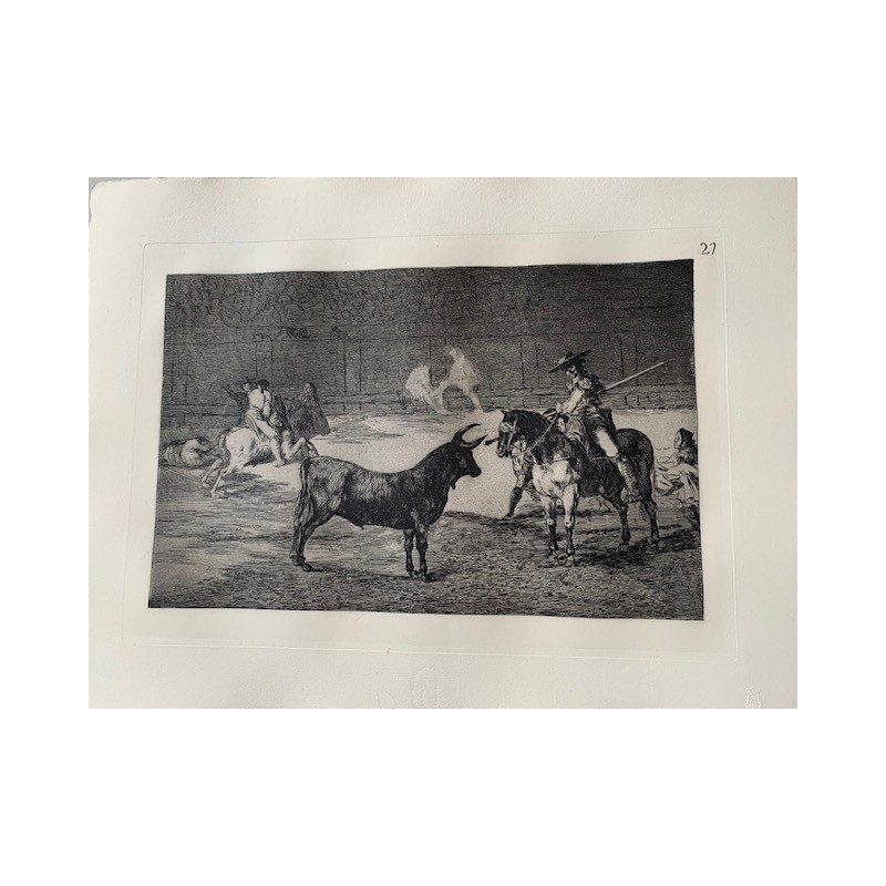Engraving No. 27 of Goya's Bullfighting. The famous Fernando del Toro, a barbel-bearer, forcing the beast with his pole.