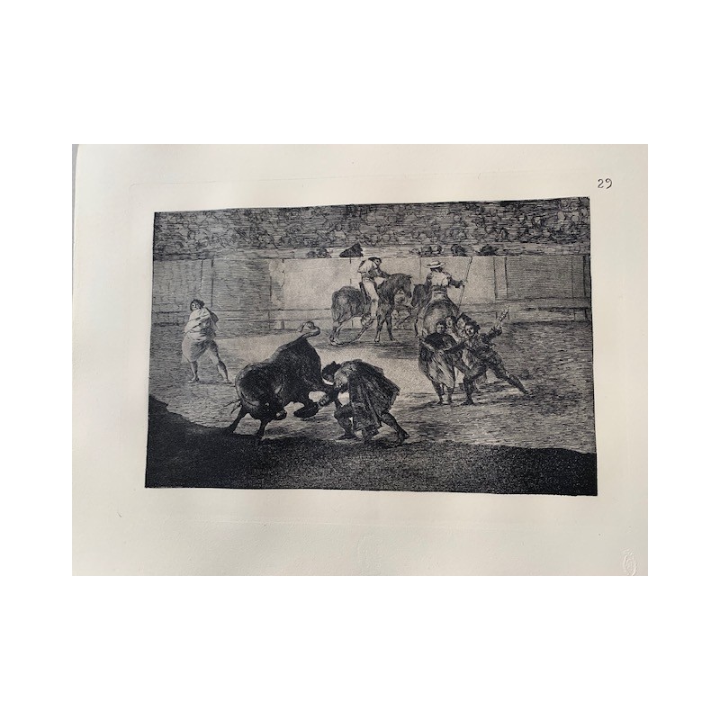 Druck Nr. 29 von Goyas Stierkampf. Pepe Illo stutzt den Stier.