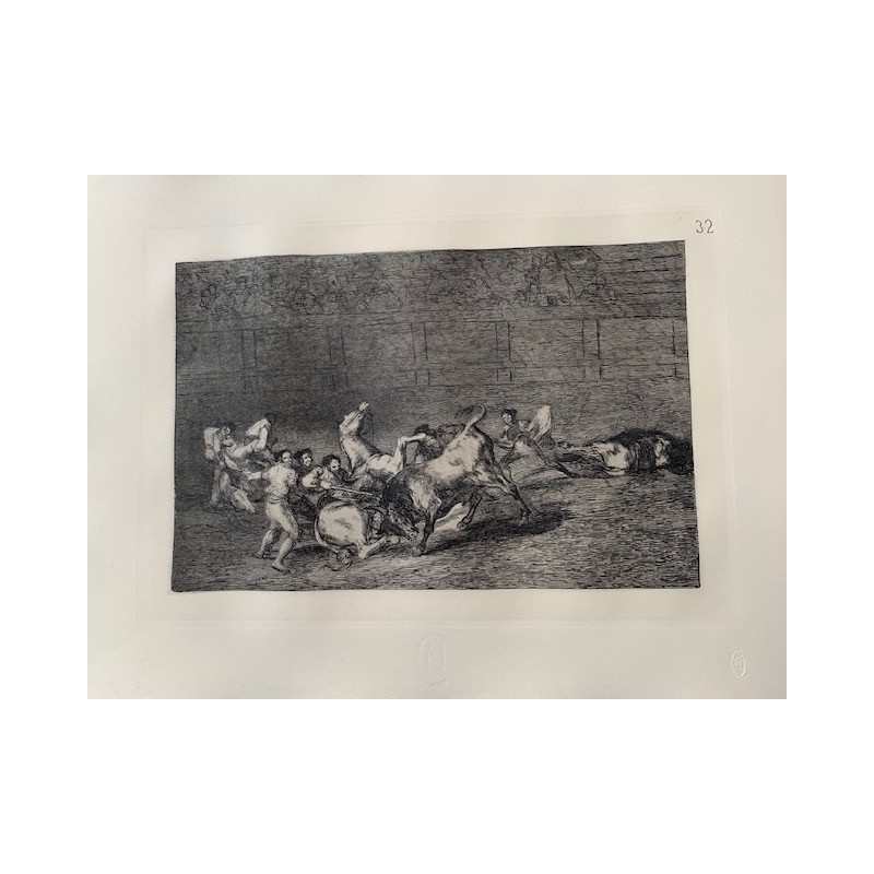 Print No. 32 of Goya's Bullfighting. Two groups of picadors are followed by a single bull.