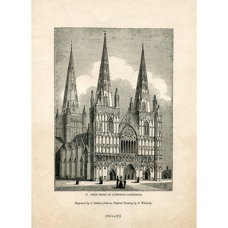 Westfassade der Kathedrale von Lichfield, 1835 von JJ Jackson nach einer Zeichnung von N. Whittock gestochen