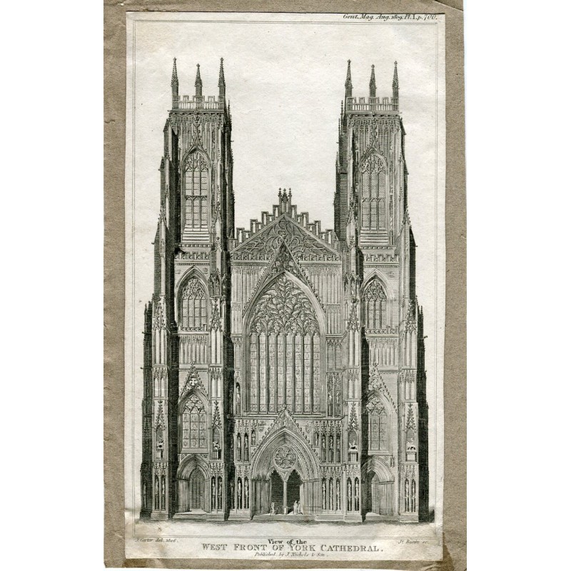 Façade ouest de la cathédrale d'York gravée en 1806 par Js. Besire d'après un dessin de J. Carter