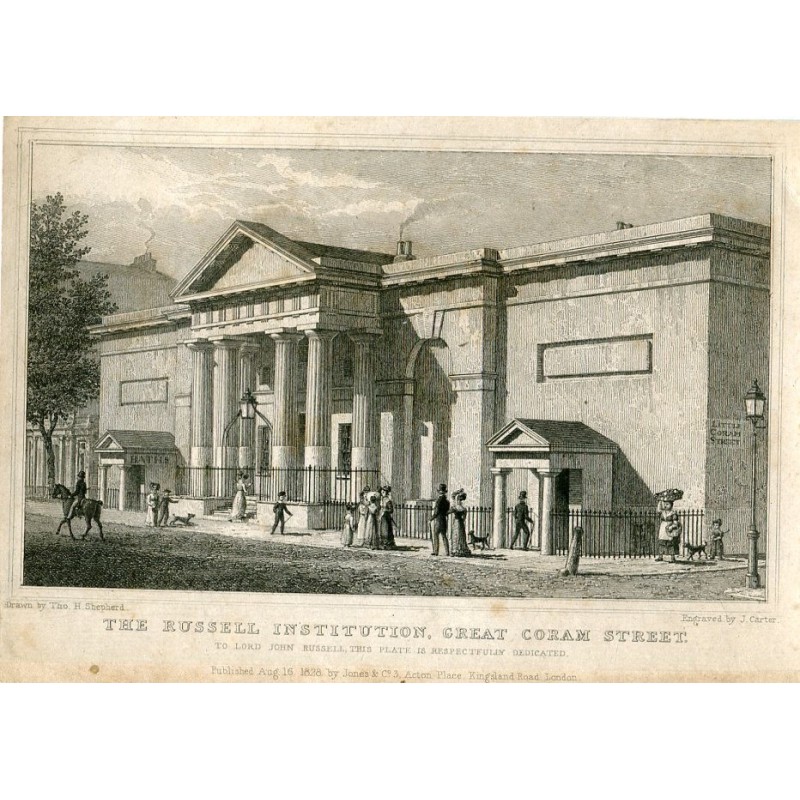Die Russell Institution, Great Coram Street, gestochen von J. Carter nach einer Zeichnung von H. Shepherd