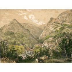Belle lithographie en couleur d'un village entre les montagnes.