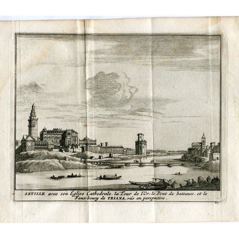 Sevilla. Vista de la Torre del Oro,barrio de Triana y puente de Sevilla. Van der Aa (Alvarez de Colmenar) 1715
