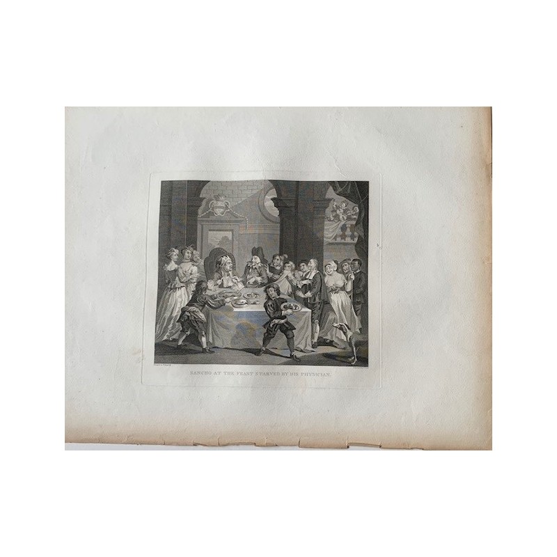 Sancho beim Festmahl, von seinen Ärzten ausgehungert, nach Hogarth. Thomas Cook. Heath-Ausgabe 1822