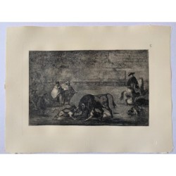 Radierung von Goya. Hunde greifen den Stier an (Stierkampf, Tafel C). Ausgabe 1983.