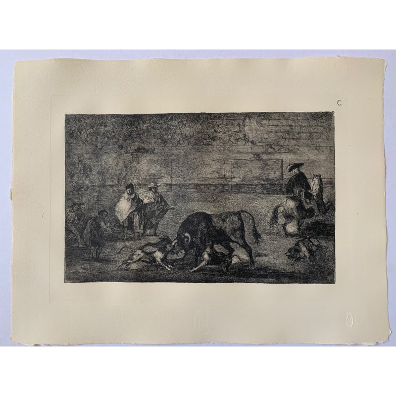 Radierung von Goya. Hunde greifen den Stier an (Stierkampf, Tafel C). Ausgabe 1983.