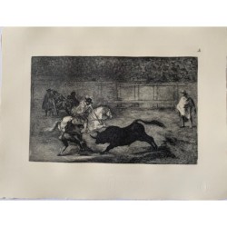 Radierung von Goya. Spanischer Edelmann spießt mit Hilfe der Bauern auf (Stierkampf, Tafel A). Ausgabe 1983.