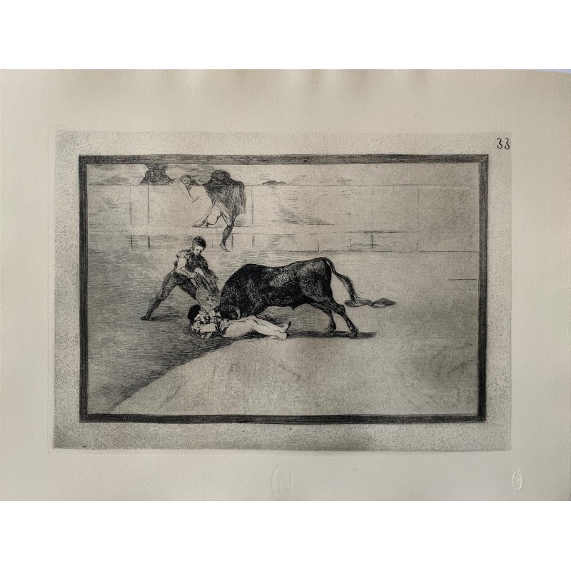 Gravure de Goya. La mort terrible de Pepe Illo dans les arènes de Madrid (Tauromachie, planche 33). Édition de 1983.