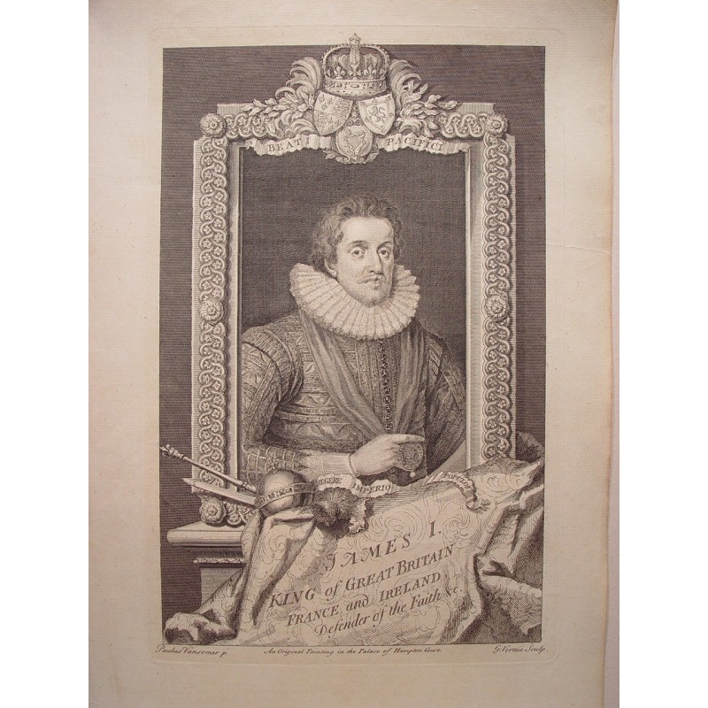 Giacomo I, re di Gran Bretagna, Francia e Irlanda. Incisione di George Vertue (Londra 1684-1756).