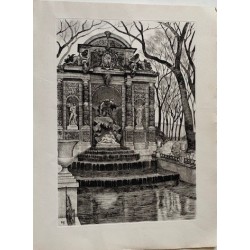 Engraving of a fountain signed with initials MJ