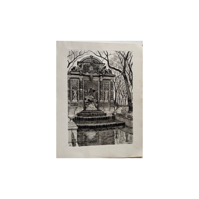 Engraving of a fountain signed with initials MJ