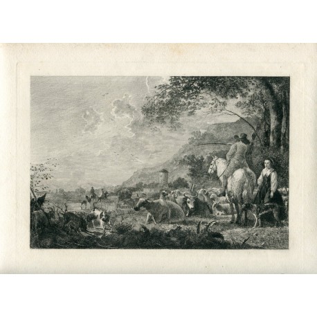Grabado personaje a caballo y vacas por Edward Goodall en 1832