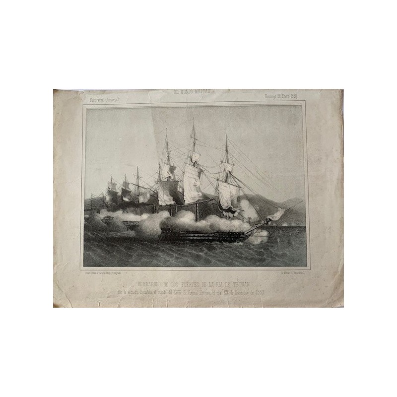 Bombardement des forts de l'estuaire de Tétouan, lithographie de Pedro Perez de Castro