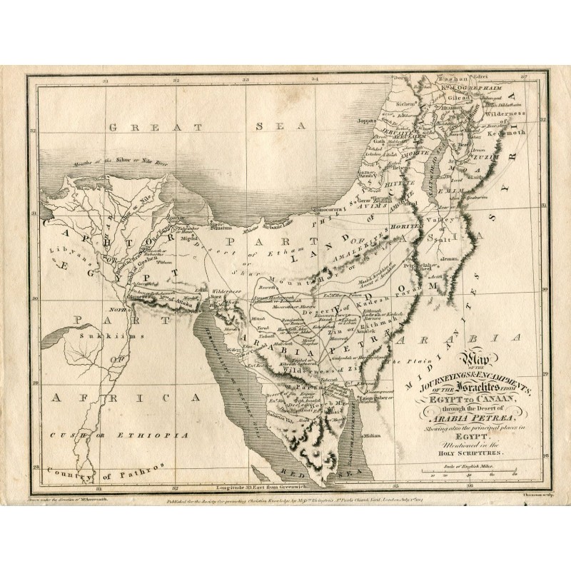 Carte d'Aaron Arrowsmith (1814). Les Israélites, d'Égypte à Canaan, en passant par le désert d'Arabie Pétrée.