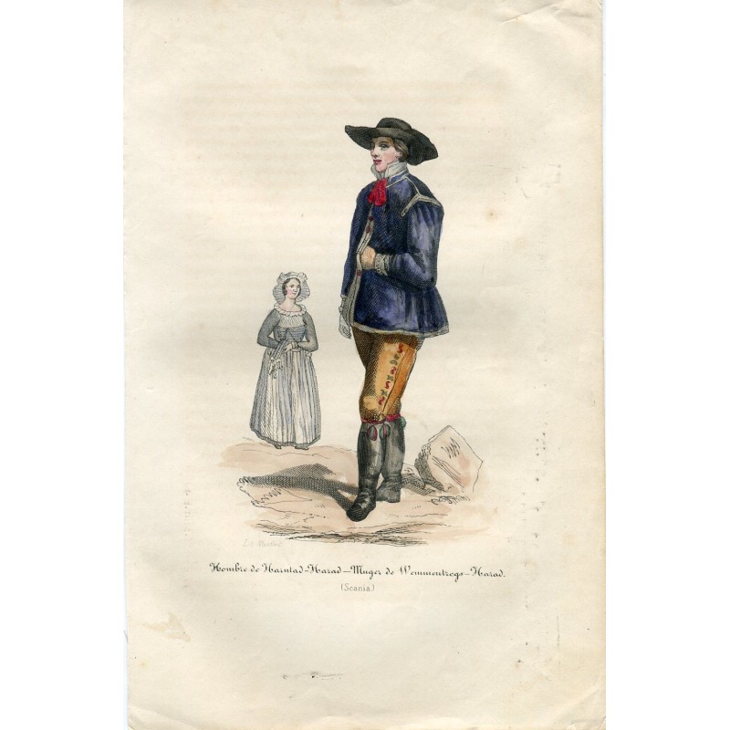 Hombre de Ibarutad-Harad - Mujer de Wemmeutrogs Harad, Scania, grabado xilográfico 1844