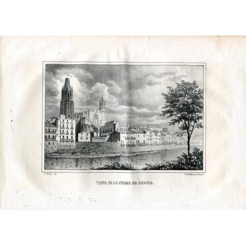 Vue de la ville de Gérone, lithographie de Perez y Donon. 1844