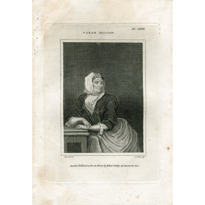 Sarah Malcom, Rückseitenstich von Thomas Clerk nach einem Stich von Hogarth