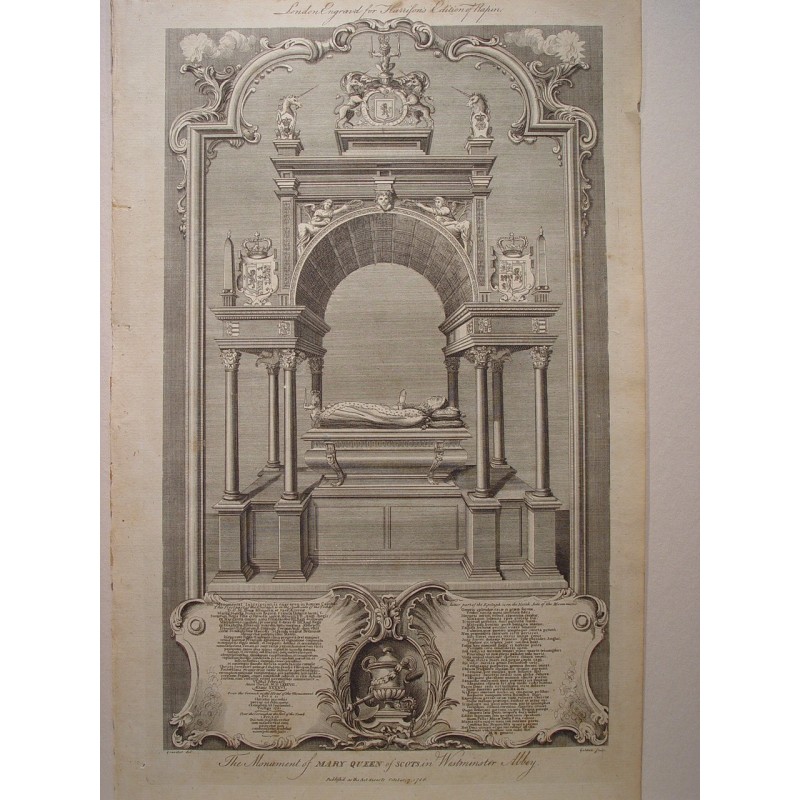 Das Denkmal von Maria Stuart in der Westminster Abbey. Abb. Gravelot. Er gravierte Goldar (Oxford, 1729 – London, 1795).