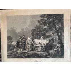 Le matin, 18th century engraving by Debucourt from a work by Hyppolite Lecomte.
