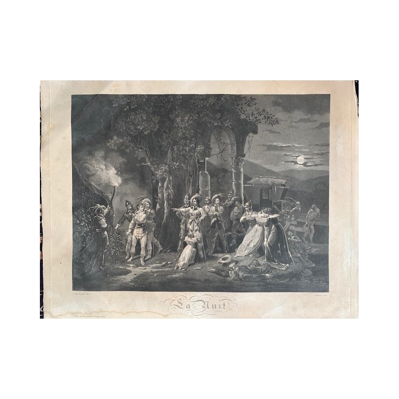 La nuit, gravure du XVIIIe siècle par Debucourt d'après une œuvre d'Hyppolite Lecomte.
