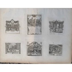 Six billets de scènes du Théâtre Royal, gravés d'après une œuvre de Hogarth, 1790