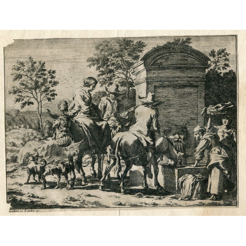 Grabado de Pierre Landry de un dibujo de Nicholas Berghem, siglo XVII-XVIII