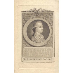 "RB Sheridan, Esqr. MP» Publish´d March en 1782 by J. Fielding Pater noster Row, J.Sewell, Cornhill&J. Debrelt Picadelly.
