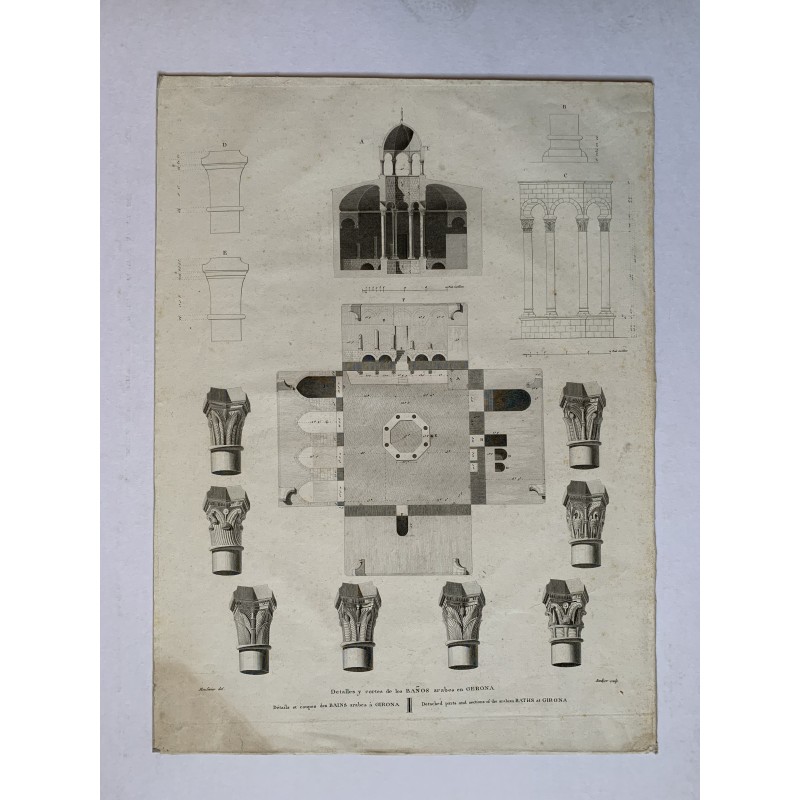 Arabische Bäder von Girona – Antiker Architekturdruck 1810 – Alexandre Laborde