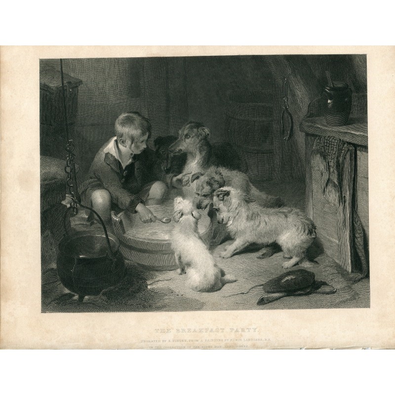 Die Frühstücksgesellschaft, nach E. Landseer. Kupferstich von E. Finden (1880)