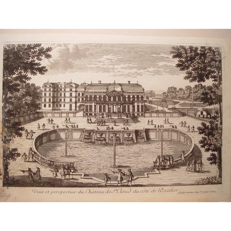 Vue et perspective du château de Saint-Cloud depuis la colline de l'Escalier. Dessin et gravure de Pierre Aveline.