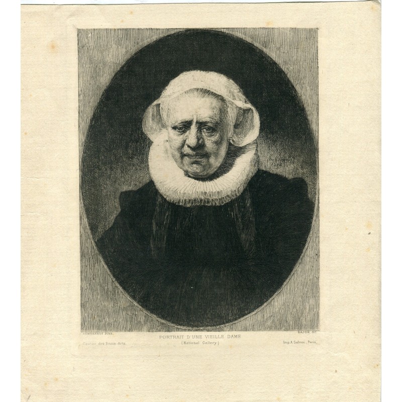 Portrait d'une vieille dame. Gravure ancienne d'après Rembrandt par Rajon (1885)