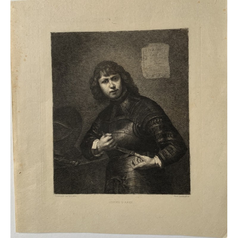Homme d'arme, after Rembrandt. Etching. Antique old print, 1881.
