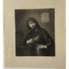 Homme d'arme, d'après Rembrandt. Gravure. Impression ancienne ancienne, 1881.