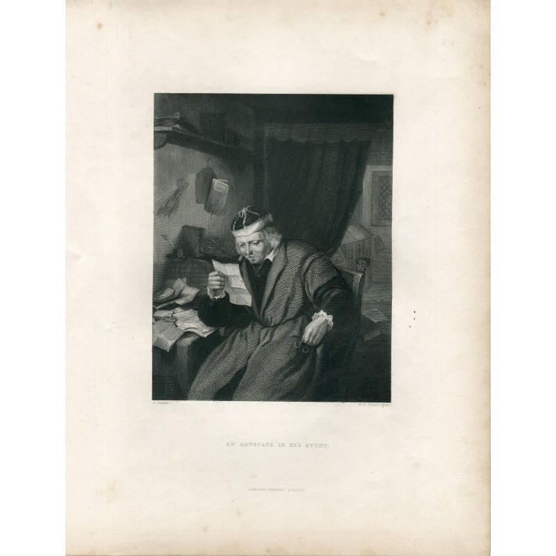 A lawyer in his study. Antique engraving print by W.H. Worthington after A. Ostade.