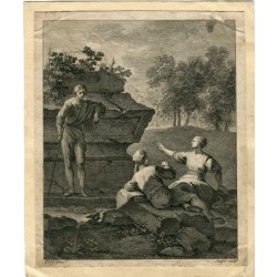 Incisione del 1763. Paesaggio con figure e rovine, da Francis Paul Ferg.