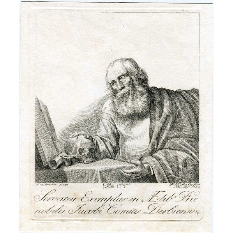 Incisione del 1728 - W Winstanley - Santo (San Girolamo?) con teschio