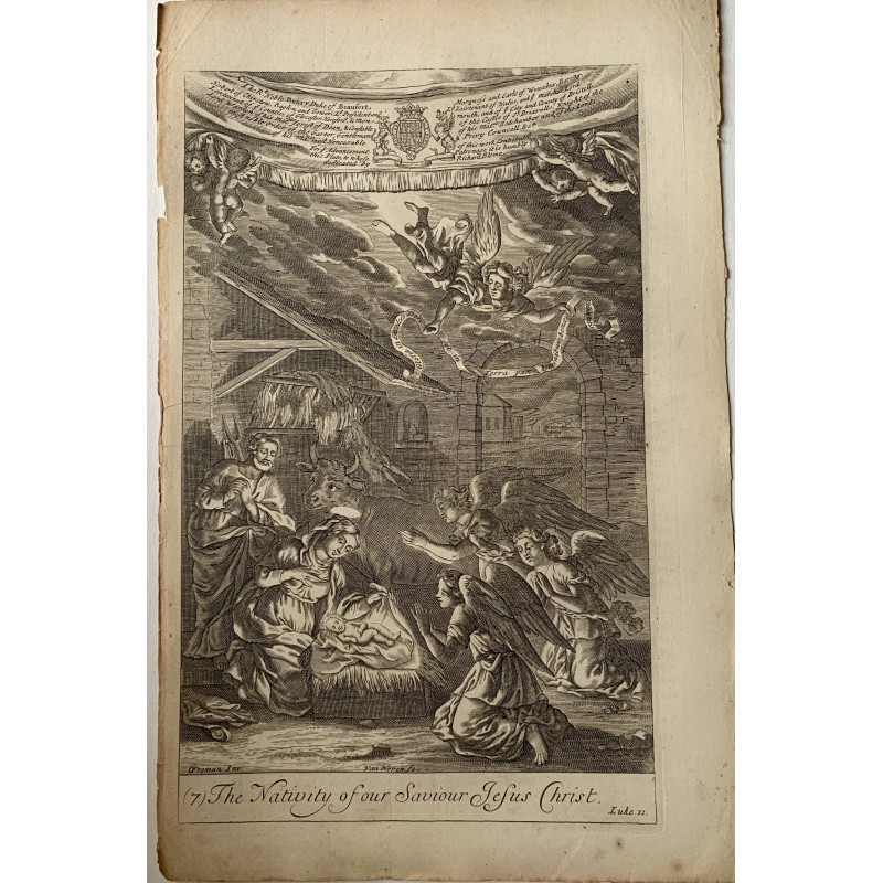 Die Geburt Christi. Stahlstich nach G. Freman, 17. Jahrhundert.