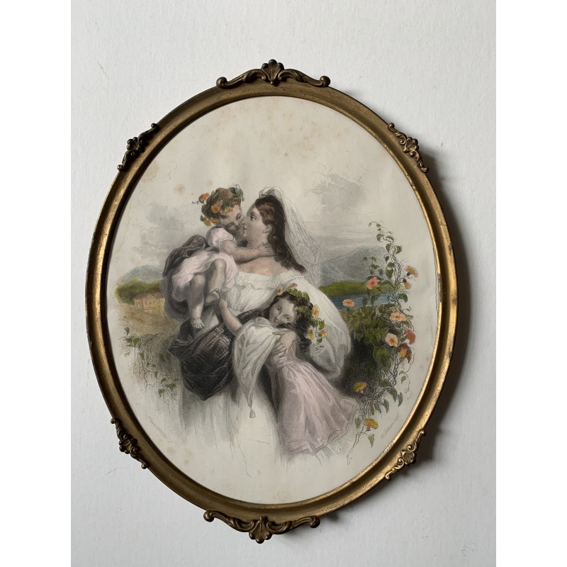 Mère avec enfants. Gravure de H. Robinson, XIXe siècle.