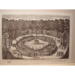 Sehen Sie die Bains d'Apollon, die im kleinen Park von Versailles liegen, in der Hauptrichtung. Zeichnung und Gravur P. Aveline