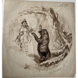 Ein Bär und ein Soldat. Russisches Aquarell. 1873