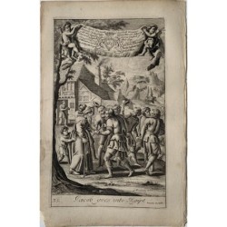 Jacob goes to Egypt. Original antique engraving after G Freman, 17th century.