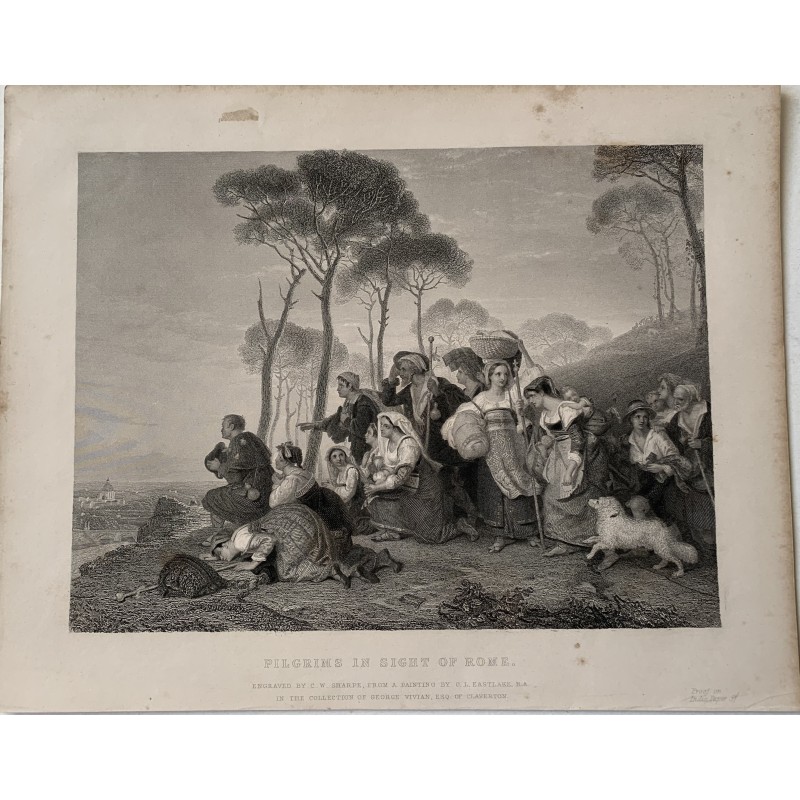 Pèlerins en vue de Rome - Gravure sur acier antique
