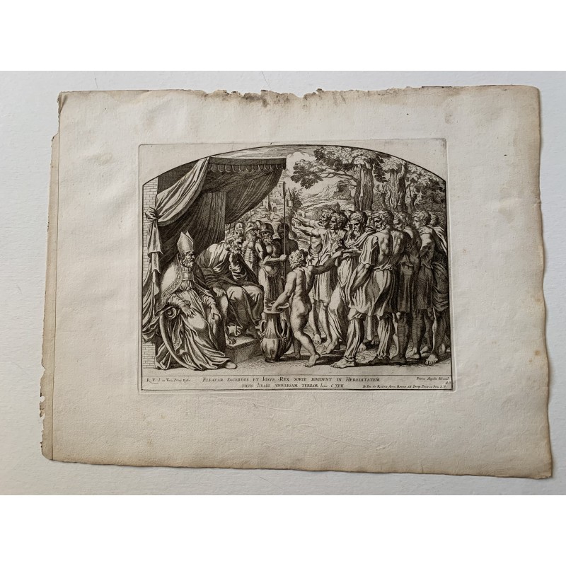 Bible de Raphaël - Josué et Éléazar tirant au sort entre les fils d'Israël pour le partage du pays - gravure de 1674