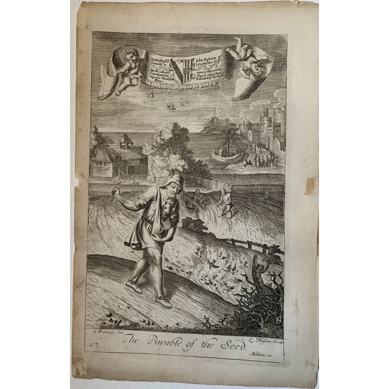 The parable of the sower of seed - Original antique engraving after G Freman, 17th century.