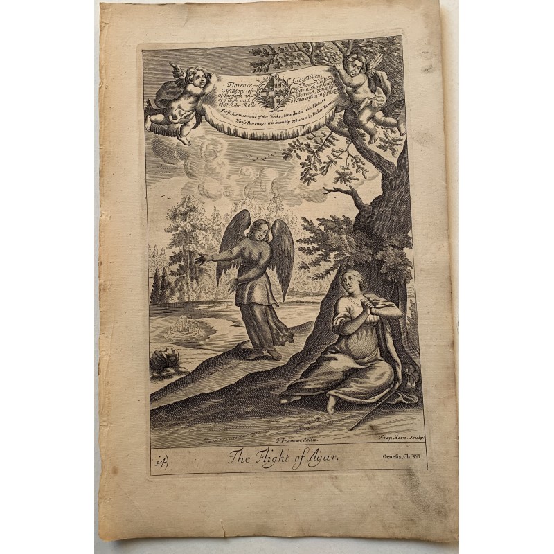 Biblia. The flight of Agar grabado por F. van Hove de una obra de G. Freeman