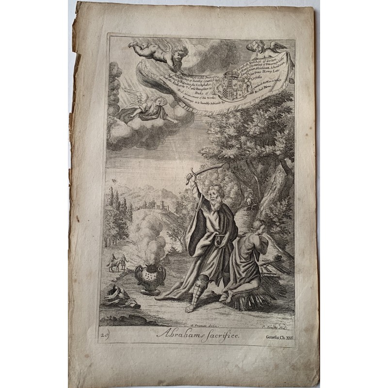 Abraham's sacrifice of Isaac. Original antique engraving after G Freman, 17th century.