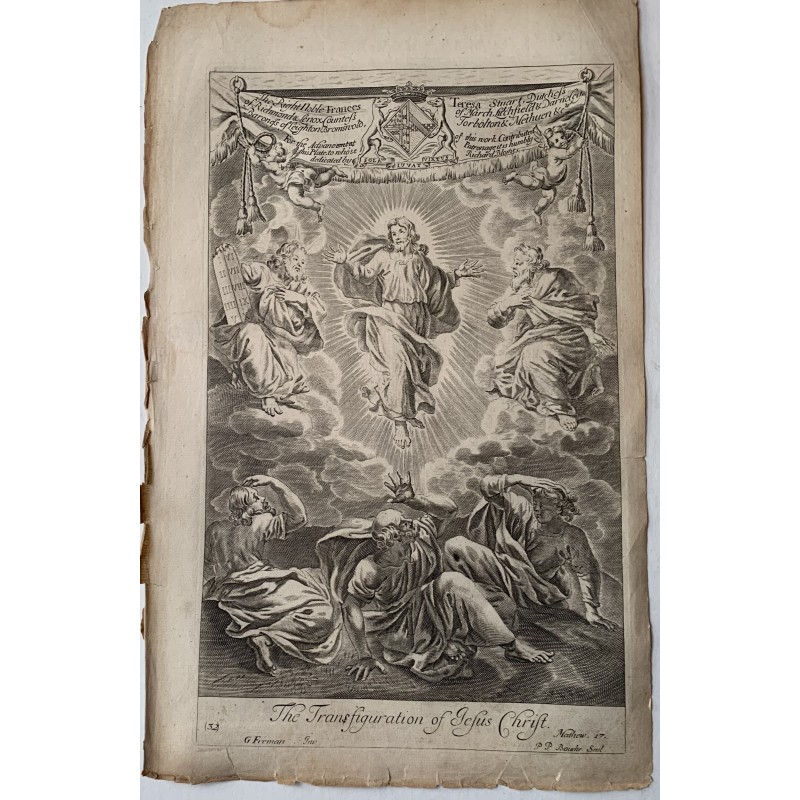The Transfiguration of Jesus. Original antique engraving after G Freman, 17th century.